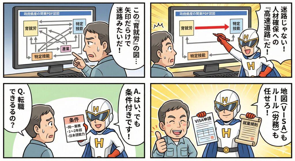 外国人雇用の新制度「育就労」と特定技能へのキャリアアップを支援するイメージイラスト｜人材確保と定着｜飛騨屋社労士事務所