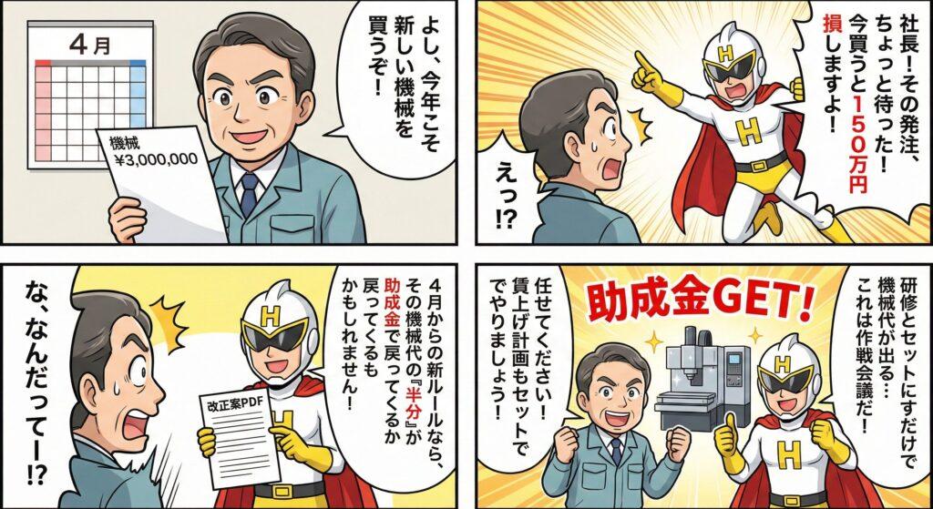 製造業の設備投資とセットで使える人材開発支援助成金（事業展開等リスキリング支援コース）の4コマ漫画｜機械導入のコスト削減｜飛騨屋社労士事務所