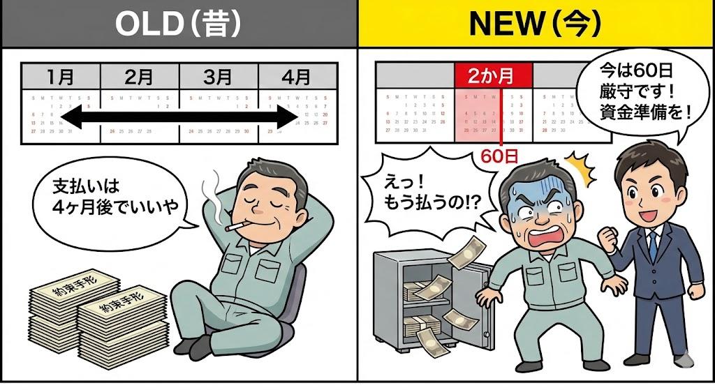 建設業における約束手形の支払サイトが、昔の「4ヶ月後」から2026年の法改正で「60日厳守」に短縮され、資金繰りに焦る社長と注意喚起する飛騨屋社労士事務所のマンガイラスト