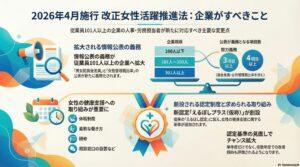 2026年4月施行の改正女性活躍推進法で従業員101人以上の企業に求められる情報公表義務の拡大や新認定制度えるぼしプラスについて解説した図解｜飛騨屋社労士事務所