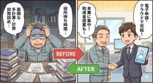 給与計算や社会保険手続きのアウトソーシングとDX化によるビフォーアフターの漫画イラスト｜飛騨屋社労士事務所