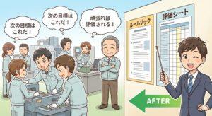人事評価制度と就業規則の導入による組織改善のビフォーアフターの漫画イラスト｜飛騨屋社労士事務所