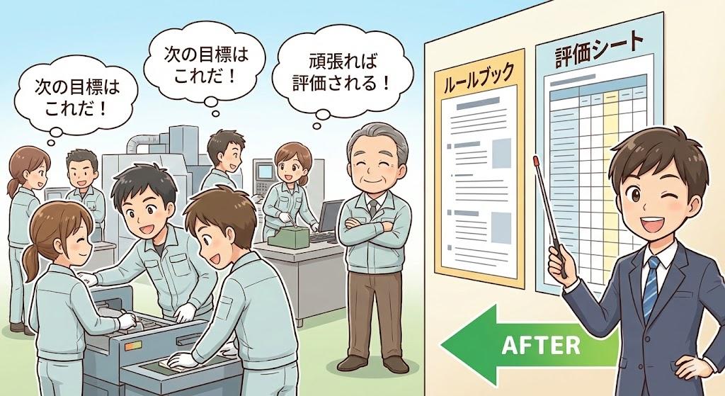 人事評価制度と就業規則の導入による組織改善のビフォーアフターの漫画イラスト｜飛騨屋社労士事務所