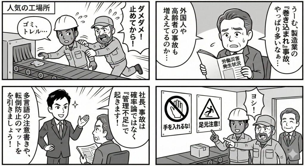 令和6年の労働災害発生状況データを見て、製造業で多い「巻き込まれ事故」や「外国人労働者の事故」に危機感を持った社長が、社労士のアドバイスで多言語表示などの安全対策を実施する4コマ漫画