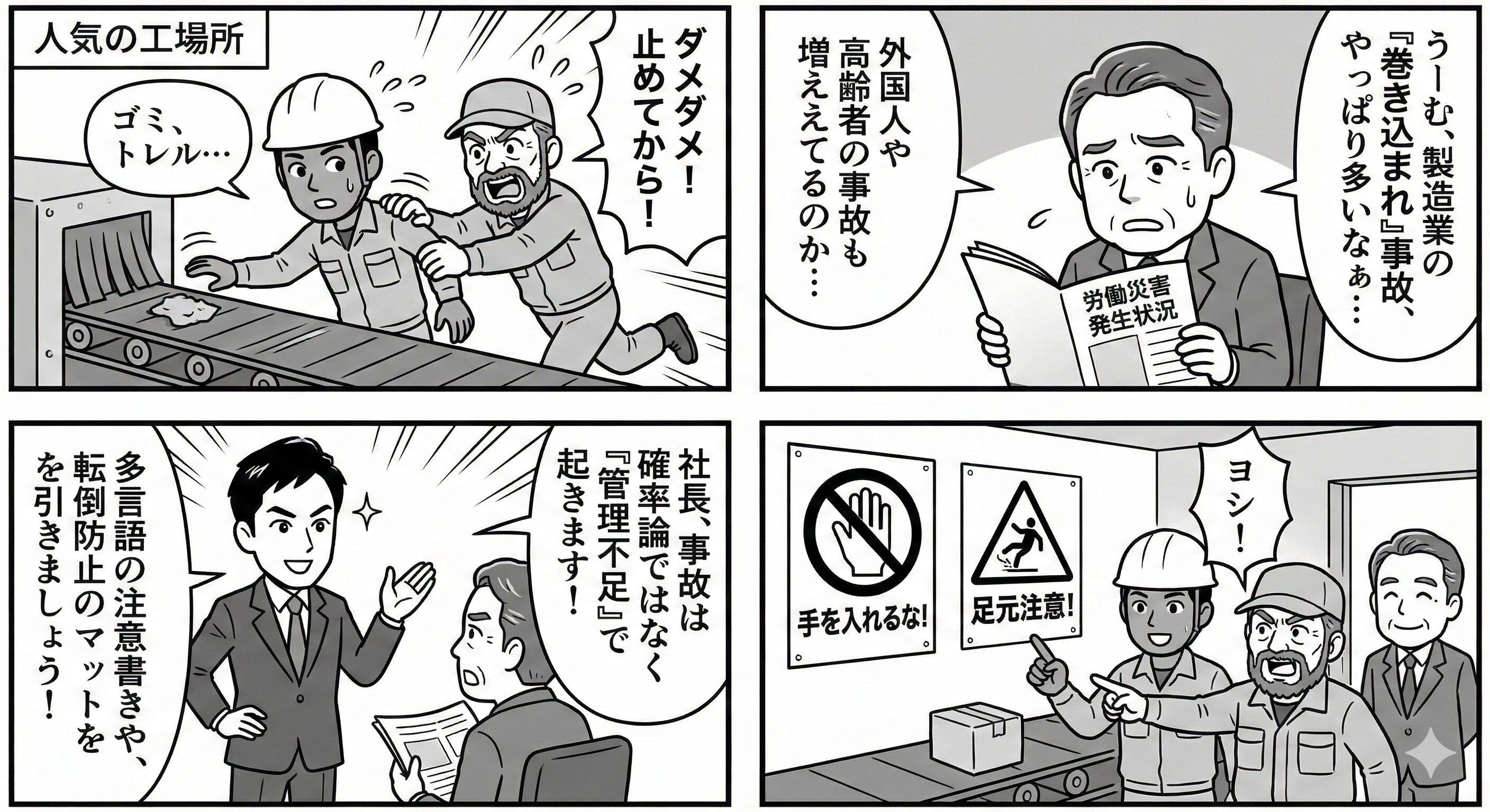 令和6年の労働災害発生状況データを見て、製造業で多い「巻き込まれ事故」や「外国人労働者の事故」に危機感を持った社長が、社労士のアドバイスで多言語表示などの安全対策を実施する4コマ漫画