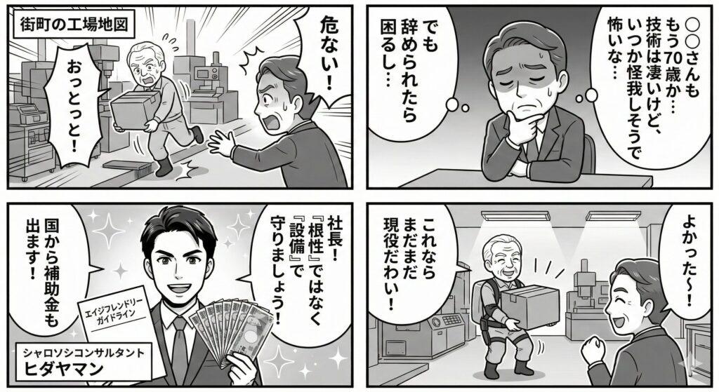 高齢のベテラン職人の転倒事故を心配する社長に対し、社労士が「エイジフレンドリー補助金」を活用してパワースーツや手すりを導入することを提案し、安全な職場環境を作る4コマ漫画