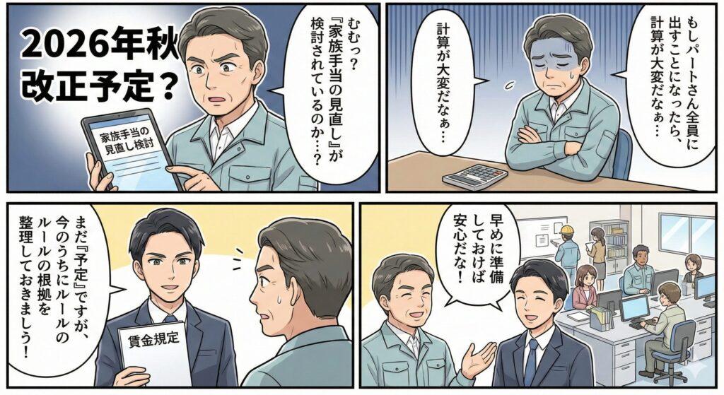 2026年秋に予定されている同一労働同一賃金の改正（家族手当・住宅手当）ニュースを見て悩む社長に、社労士が早めの準備と規定見直しを提案する4コマ漫画