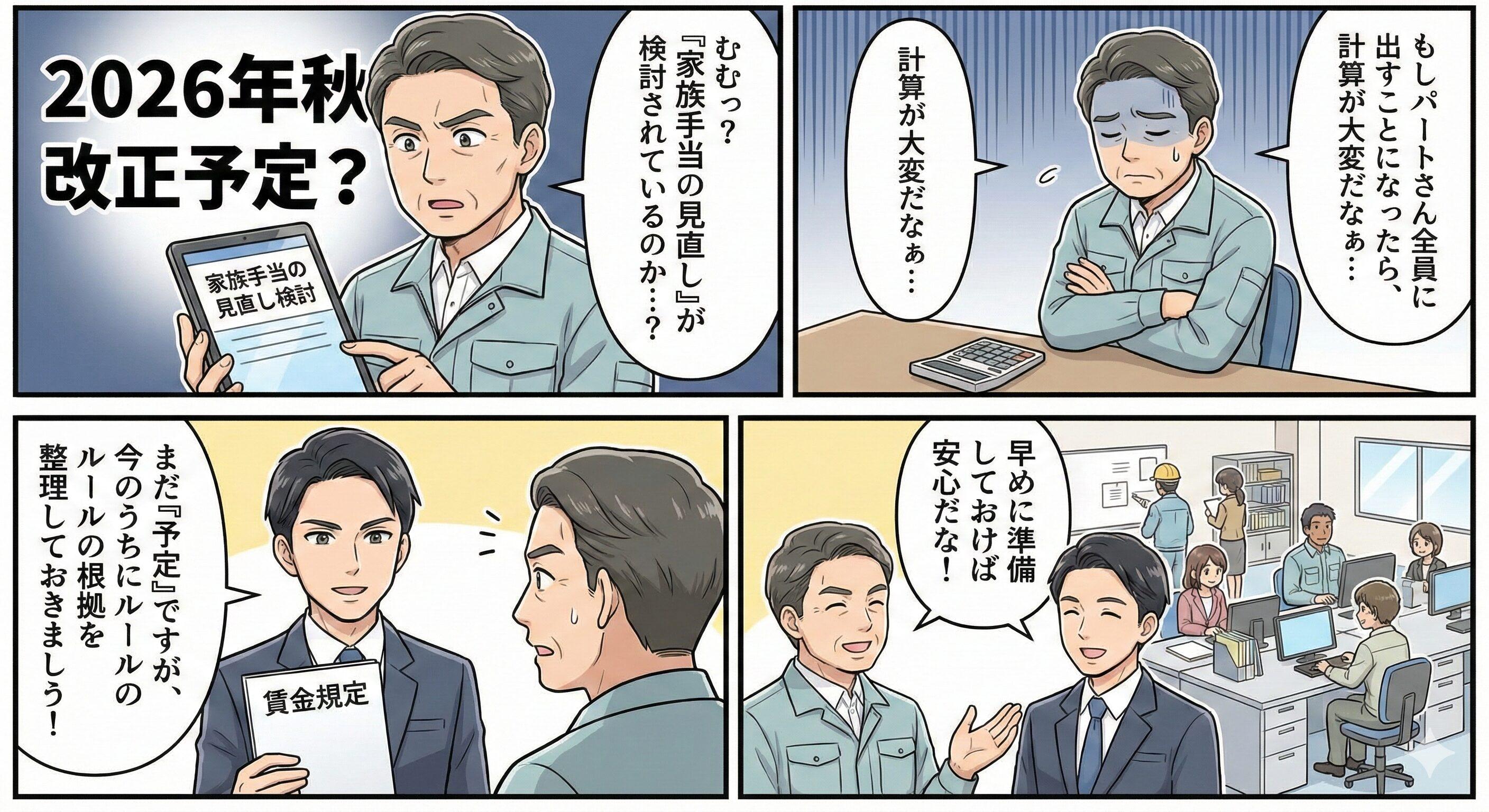 2026年秋に予定されている同一労働同一賃金の改正（家族手当・住宅手当）ニュースを見て悩む社長に、社労士が早めの準備と規定見直しを提案する4コマ漫画