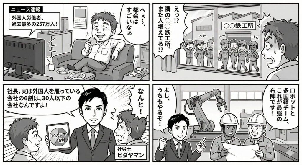 外国人労働者が257万人を超えたニュースを見て他人事だと思っていた町工場の社長が、ライバル会社の外国人採用や、小規模事業者こそ外国人を雇っているというデータを知り、ロボットと外国人材の活用を決意する4コマ漫画