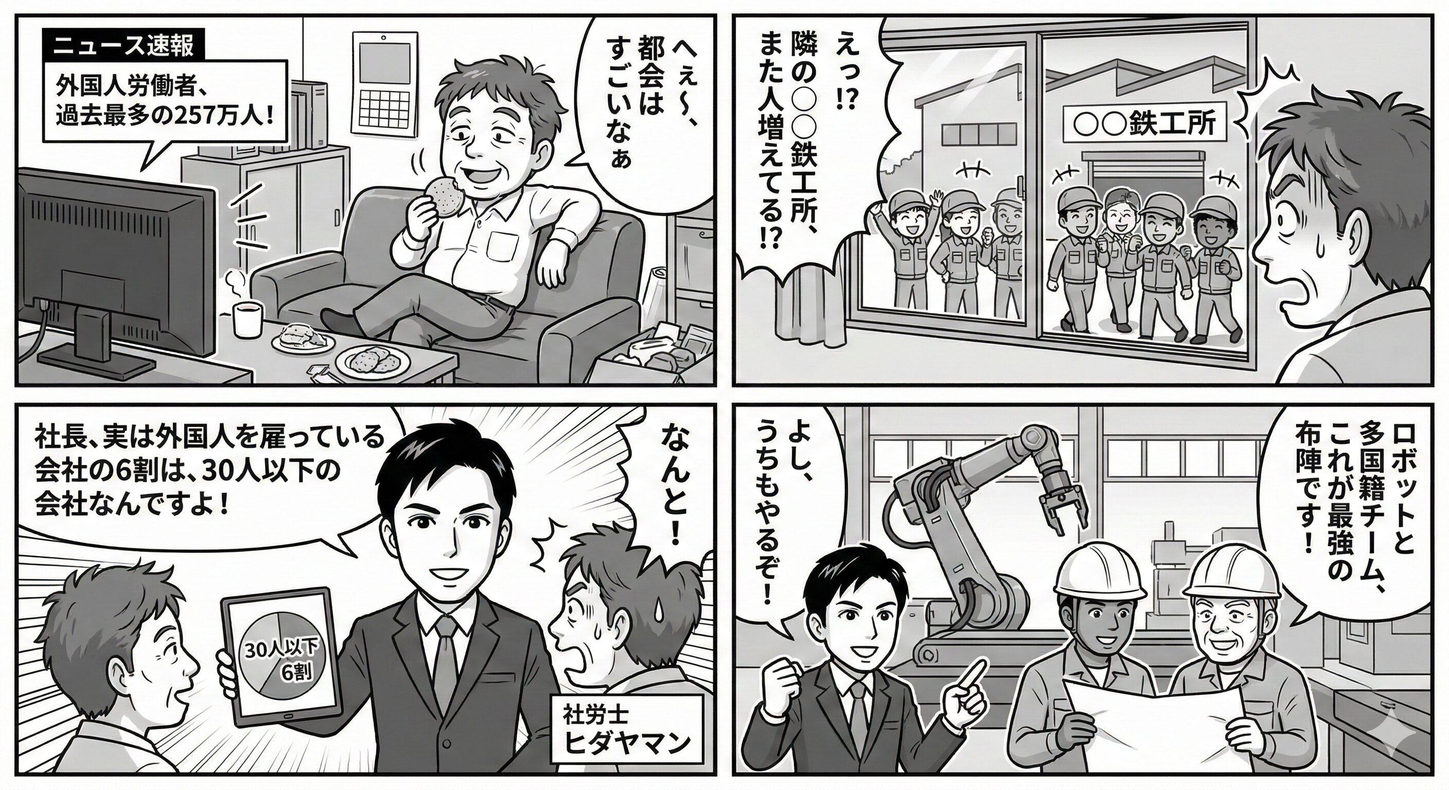 外国人労働者が257万人を超えたニュースを見て他人事だと思っていた町工場の社長が、ライバル会社の外国人採用や、小規模事業者こそ外国人を雇っているというデータを知り、ロボットと外国人材の活用を決意する4コマ漫画