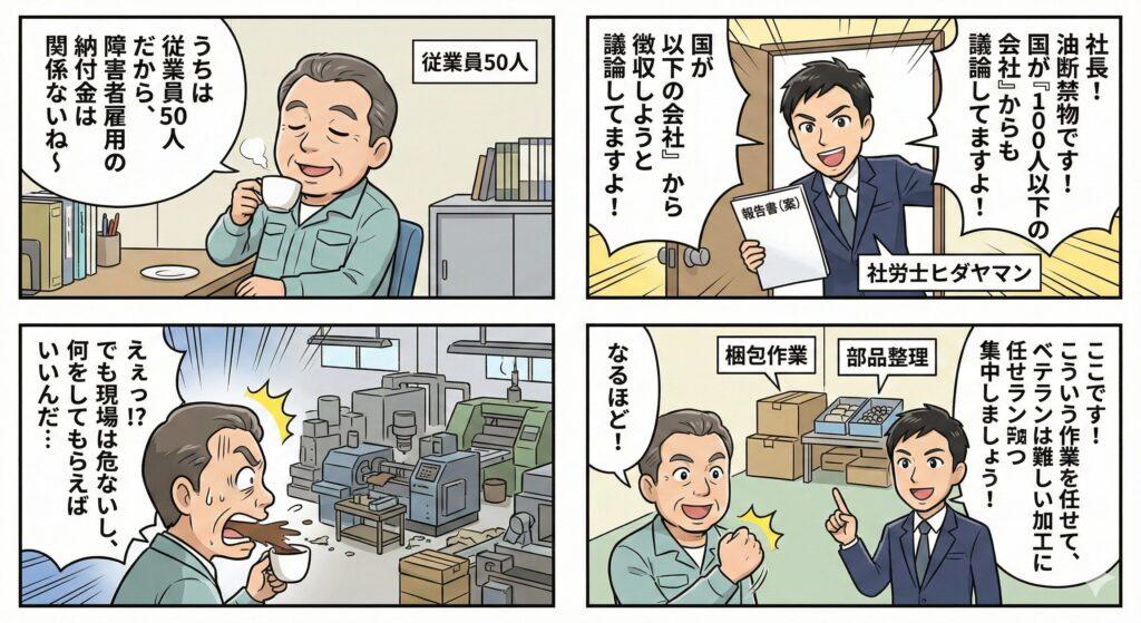 従業員100人以下だから障害者雇用納付金は関係ないと思っていた社長に対し、社労士が国の最新の検討状況（適用拡大）を伝え、現場の単純作業を切り出して障害者雇用を進める提案をする4コマ漫画