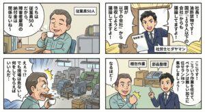 従業員100人以下だから障害者雇用納付金は関係ないと思っていた社長に対し、社労士が国の最新の検討状況（適用拡大）を伝え、現場の単純作業を切り出して障害者雇用を進める提案をする4コマ漫画