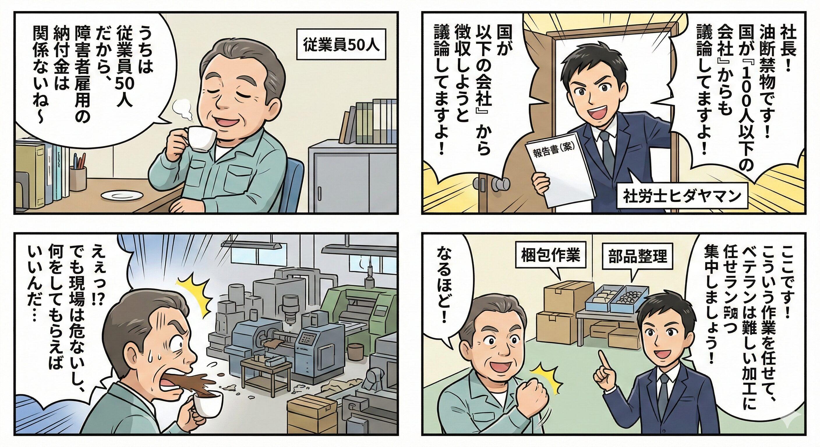 従業員100人以下だから障害者雇用納付金は関係ないと思っていた社長に対し、社労士が国の最新の検討状況(適用拡大)を伝え、現場の単純作業を切り出して障害者雇用を進める提案をする4コマ漫画