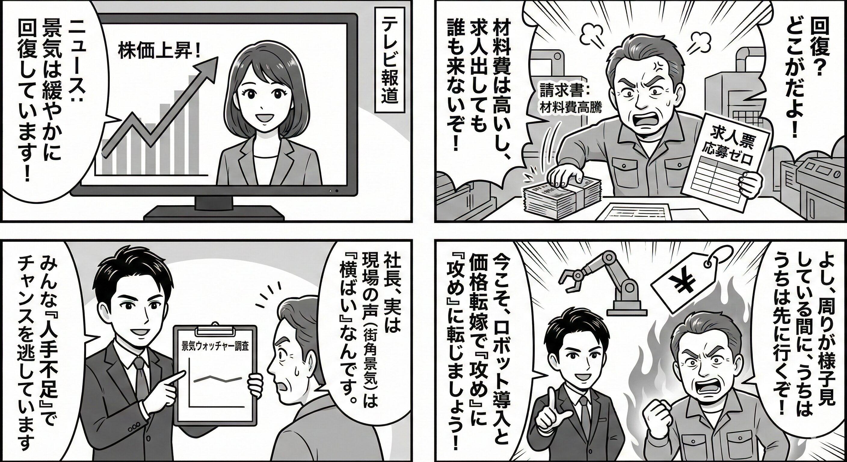 ニュースの景気回復報道と現場の実感のズレに悩む町工場の社長に対し、社労士が「景気ウォッチャー調査」のデータを元に、人手不足解消のための省力化投資や価格転嫁を提案する4コマ漫画