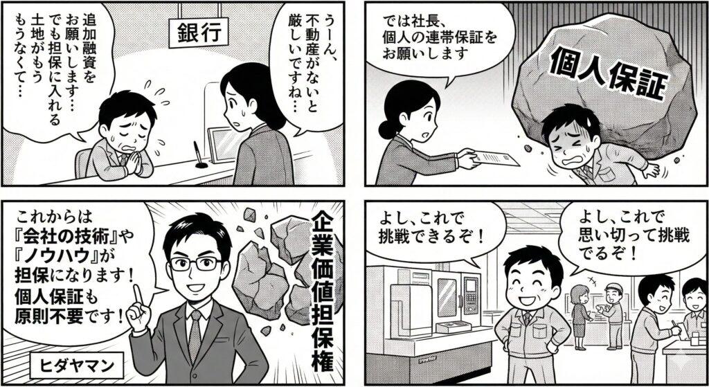 銀行で追加融資を相談するも不動産担保がなく断られかけ、さらに個人保証という重圧の岩に押しつぶされそうになる町工場の社長を描いた4コマ漫画。そこへ社労士キャラクター「ヒダヤマン」が登場し、「これからは『会社の技術』や『ノウハウ』が担保になります！個人保証も原則不要です！」と企業価値担保権のメリットを解説して個人保証の岩を打ち砕く。最後は、新制度のおかげで資金調達の目処が立ち、工場の新しい機械の前で「よし、これで思い切って挑戦できるぞ！」と晴れやかな笑顔を見せる社長の姿で締めくくられる。