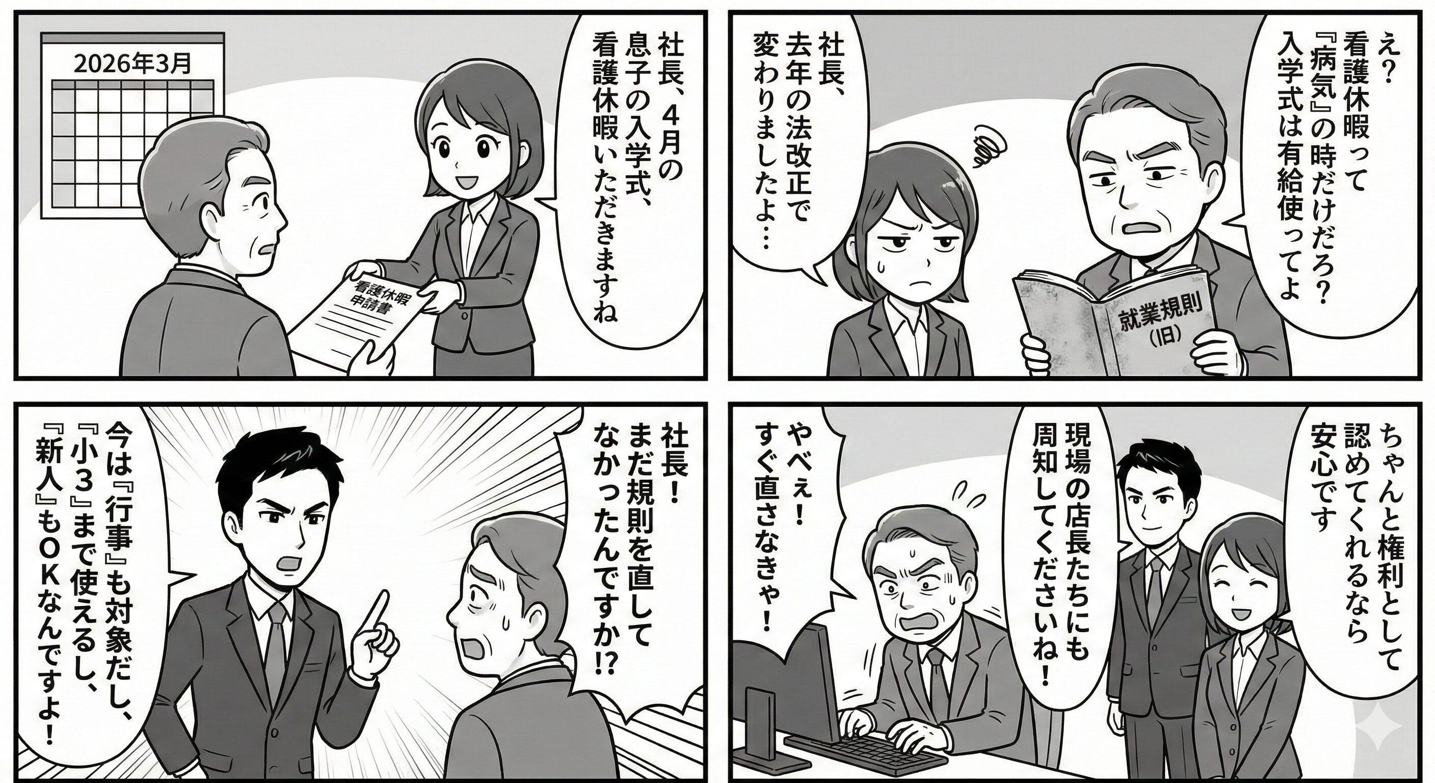 2026年春の入学式シーズンを前に、昨年の法改正（子の看護休暇の拡充）に対応していない社長に対し、社労士が就業規則の早急な見直しと現場への周知を促す4コマ漫画