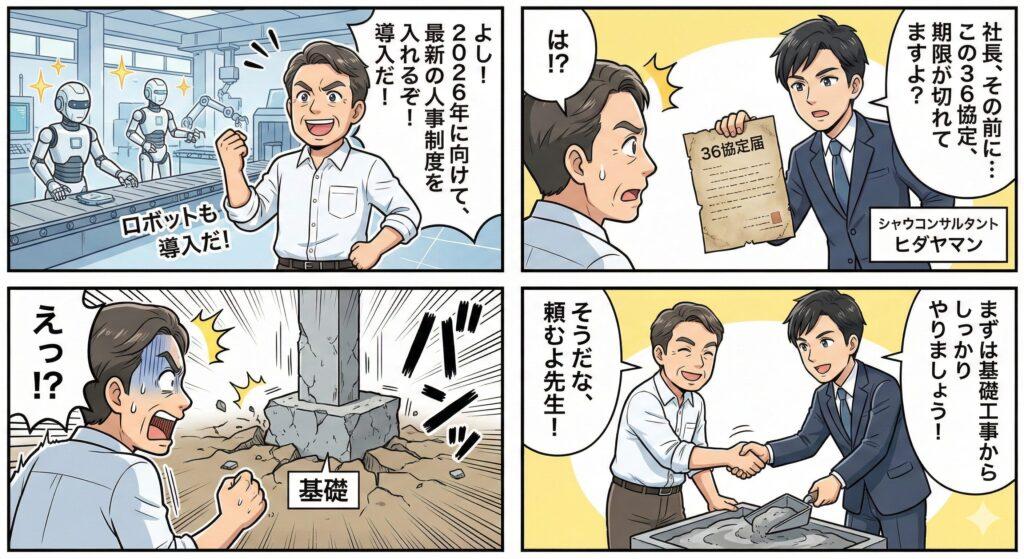 2026年の法改正対応を急ぐ社長に対し、社労士が労働基準法の基礎（36協定や労働条件通知書）の重要性を指摘し、足元を固めることの大切さを説く4コマ漫画