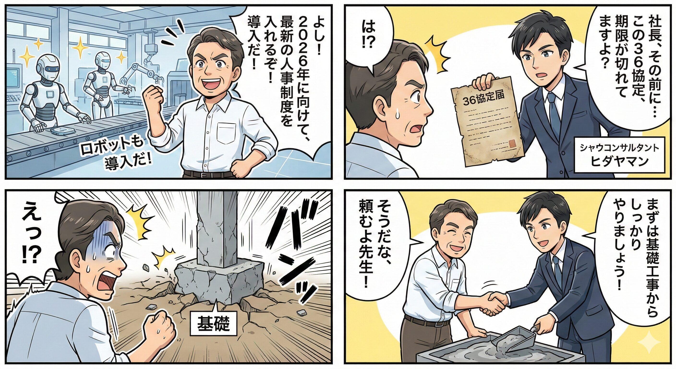 2026年の法改正対応を急ぐ社長に対し、社労士が労働基準法の基礎(36協定や労働条件通知書)の重要性を指摘し、足元を固めることの大切さを説く4コマ漫画