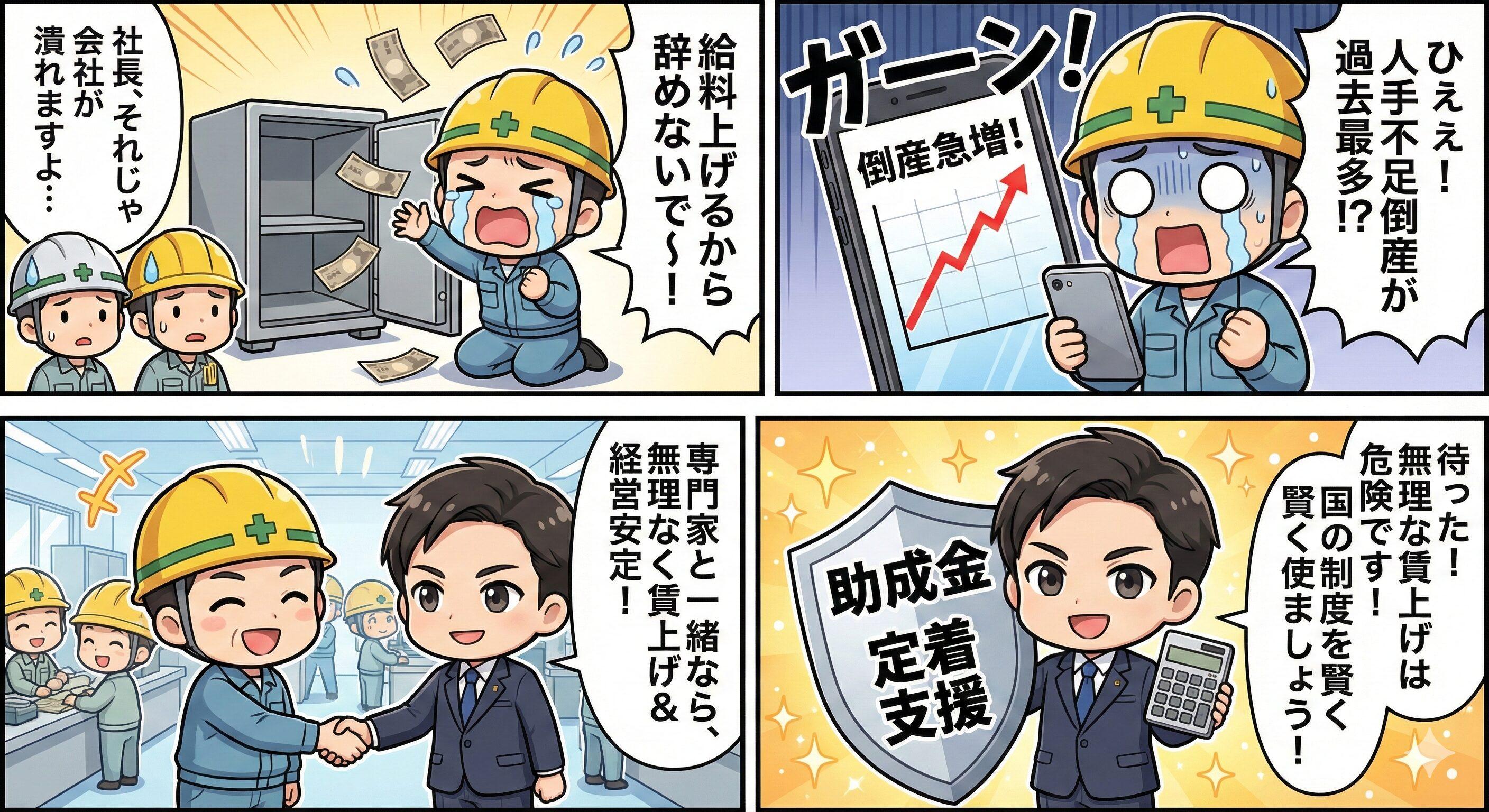 人手不足倒産のニュースに焦る建設業の社長と、助成金や定着支援で会社を守る社労士の4コマ漫画イラスト