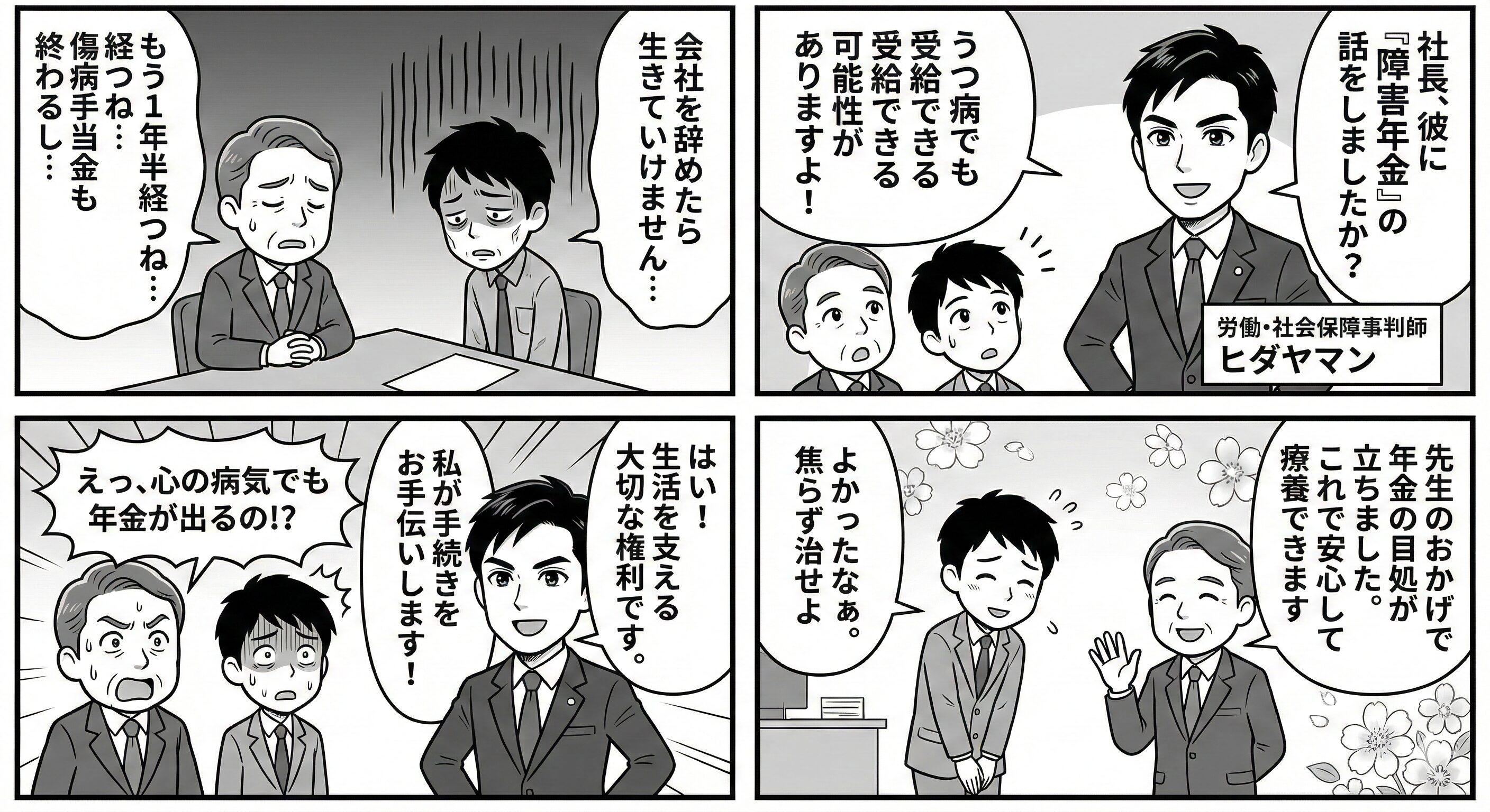 メンタル不調で休職期限を迎える社員の処遇に悩む社長に対し、社労士が「障害年金」の活用を提案し、社員の生活保障と円満な解決（療養専念）をサポートする4コマ漫画