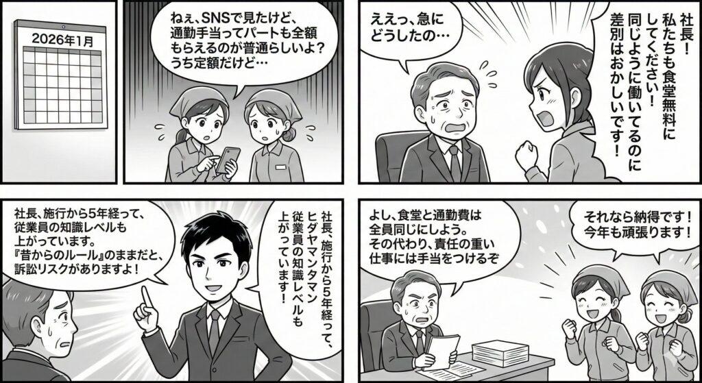 施行から5年が経過し、待遇差に疑問を持つパート社員に対し、社長が社労士のアドバイスを受けて「同一労働同一賃金」に対応した規定見直しを行い、納得感と定着率を高める4コマ漫画