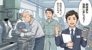 人手不足の製造業で活躍する70代のベテラン職人と、その技術に感謝する社長。手前で飛騨屋社労士事務所の社労士が、シニア活用による助成金の受給を電卓片手に提案しているマンガ風イラスト