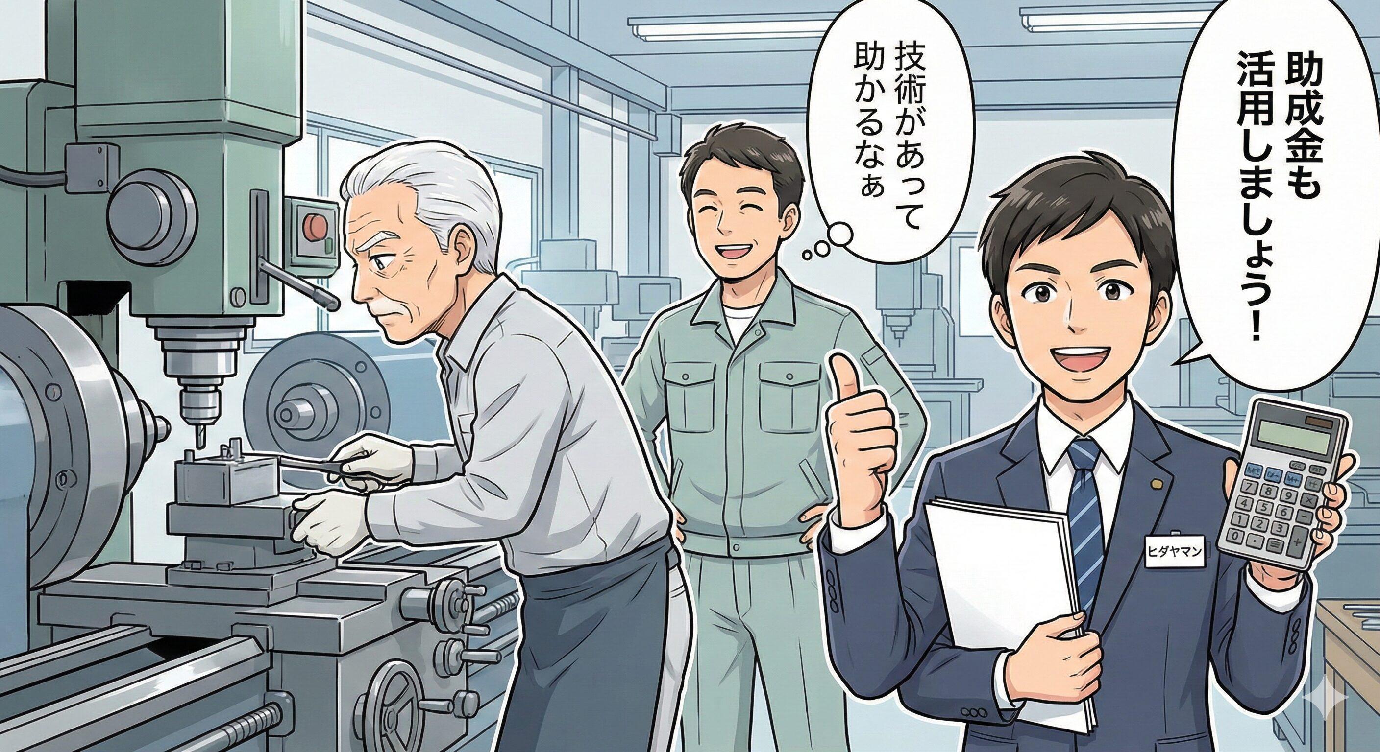 人手不足の製造業で活躍する70代のベテラン職人と、その技術に感謝する社長。手前で飛騨屋社労士事務所の社労士が、シニア活用による助成金の受給を電卓片手に提案しているマンガ風イラスト
