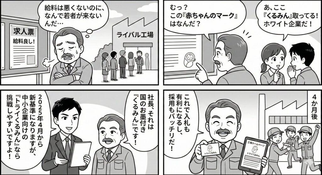 人手不足に悩む社長が、ライバル会社の「くるみんマーク」の効果に気づき、社労士のサポートで2025年改正の新基準に対応した認定取得を目指し、採用と入札を有利にする4コマ漫画