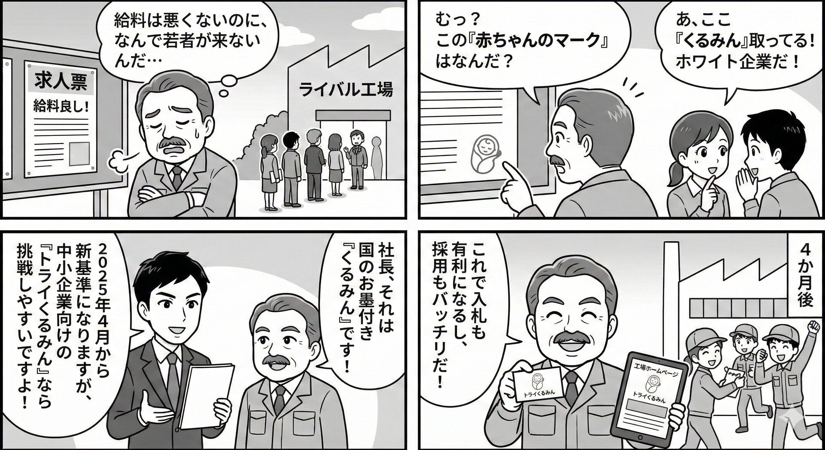 人手不足に悩む社長が、ライバル会社の「くるみんマーク」の効果に気づき、社労士のサポートで2025年改正の新基準に対応した認定取得を目指し、採用と入札を有利にする4コマ漫画