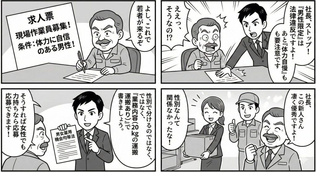 「現場は男性限定」という求人を出そうとした社長に対し、社労士が男女雇用機会均等法違反のリスクを指摘し、性別ではなく能力重視の採用に切り替えたことで優秀な女性社員を獲得する4コマ漫画