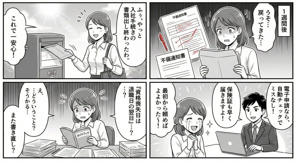 社会保険の手続き書類に不備があり、年金事務所から返送されて困っている事務担当者に対し、社労士が電子申請による正確でスピーディーな手続き代行を提案する4コマ漫画
