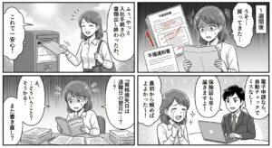 社会保険の手続き書類に不備があり、年金事務所から返送されて困っている事務担当者に対し、社労士が電子申請による正確でスピーディーな手続き代行を提案する4コマ漫画