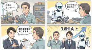 人手不足に悩む町工場に、自分で考えて動くAIロボットが登場し、社労士が国の最新戦略や補助金活用を提案して解決する様子の4コマ漫画
