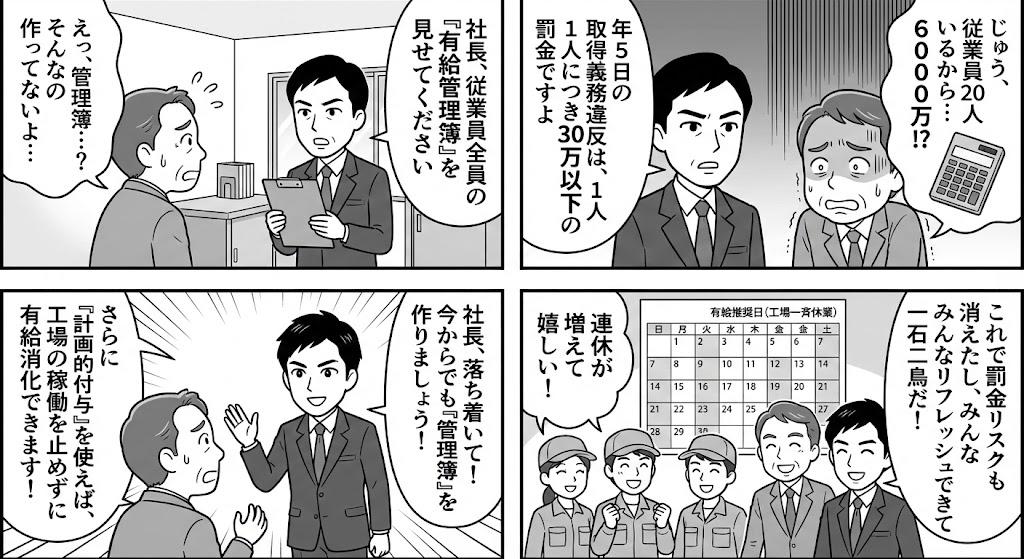 有給休暇の管理簿を作っておらず、労基署の調査で罰金リスクに怯える社長に対し、社労士が「計画的付与」の活用と管理簿作成を提案し、法令遵守と働きやすい職場作りを両立させる4コマ漫画